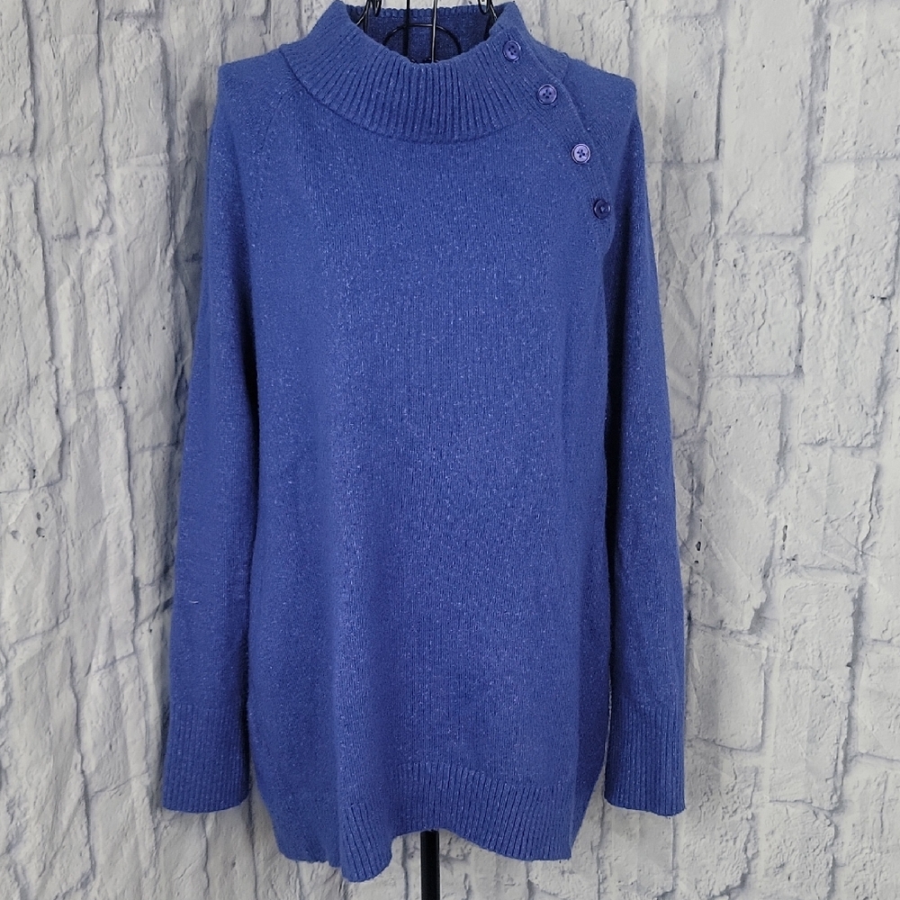 Talbots Blue Button Shoulder Mock Neck‎ Sweater Medium